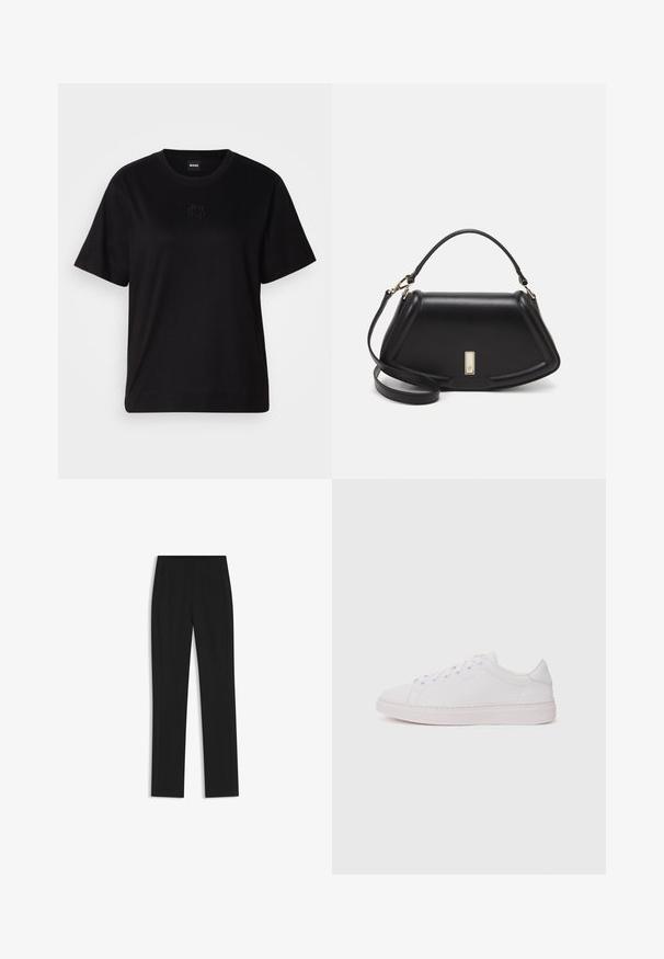 Black cotton t-shirt with a crew neckline, short sleeves, and an embroidered logo on the chest. Simple, relaxed fit with no patterns.; Black tailored trousers with a straight-leg design, featuring front pockets and a smooth, textured fabric. Neat, minimal detailing.; White sneaker with a smooth leather upper, round toe, and flat rubber sole. Features lace-up closure and a subtle logo on the side.; Black leather handbag with a structured design, featuring a cropped shape, top handle, and gold hardware accent. Adjustable shoulder strap included.