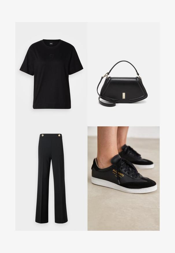 Czarny bawełniany t-shirt z okrągłym dekoltem, krótkimi rękawami i haftowanym logo na piersi. Prosty, luźny krój bez wzorów.; Czarne spodnie o wysokim stanie, szerokie nogawki, z szwami z przodu i dwoma złotymi guzikami na pasie, na białym tle.; Czarne skórzane i zamszowe sneakersy z białymi gumowymi podeszwami. Posiadają tonowane sznurówki oraz złote logo na boku. Płaska konstrukcja.; Czarna skórzana torebka o strukturalnym designie, z przyciętą formą, górnym uchwytem i złotymi akcentami. W zestawie regulowany pasek na ramię.