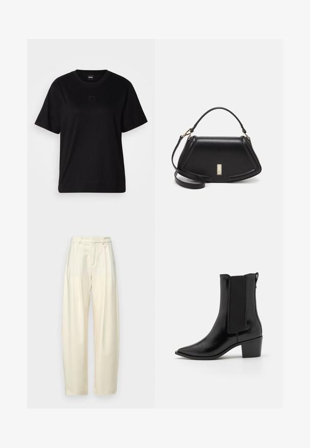 T-shirt negru din bumbac, cu guler rotund, mâneci scurte și un logo brodat pe piept. Design simplu, cu o croială relaxată și fără modele.; Pantaloni plisati, cu talie inalta, dintr-un material crem deschis. Prezintă o croială dreaptă și o textură netedă. Fără buzunare sau accesorii vizibile.; Calvin Klein HEEL - Botine cowboy/biker - black; Geantă de umăr din piele neagră, cu un design structurat, având o formă tăiată, mânere superioare și accente din aur. Include o curea de umăr ajustabilă.