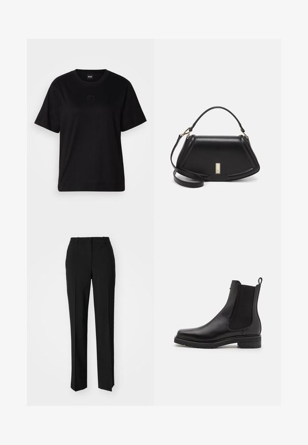 Musta puuvillapaita, jossa on pyöreä kaula-aukko, lyhyet hihat ja brodeerattu logo rinnassa. Yksinkertainen, rento istuvuus ilman kuvioita.; Mustat räätälöidyt housut suoraa lahjetta, joissa on sileä pinta ja terävät taitteet edessä. Ei näkyvää metalliosaa.; Musta nahkasaapas nilkkapituisella, elastisilla sivupaneeleilla, matalalla pinottu korolla ja vetoketjulla takana. Hellä pinta ja tyylikäs muotoilu.; Mustalla nahkalaukulla, jossa on jämäkkä muotoilu, lyhyt malli, yläkahva ja kultaiset yksityiskohdat. Säädettävä olkahihna sisältyy.