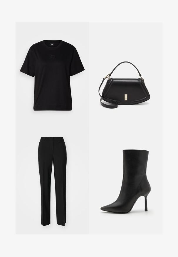 Crna pamučna majica s okruglim izrezom, kratkim rukavima i izvezenim logotipom na prsima. Jednostavan, opušten kroj bez uzorka.; Crne krojene hlače ravnog kroja, s glatkom teksturom i oštrim pregibima naprijed. Bez vidljivih metalnih dijelova.; Crna kožna čizma do gležnja s šiljastim vrhom, tankim stiletto potpeticama i glatkom teksturom, koja se odlikuje minimalističkim dizajnom i bez ukrasa.; Crna kožna torba s strukturiranim dizajnom, s krojenim oblikom, gornjom drškom i zlatnim detaljima. Uključena je podesiva ramena traka.