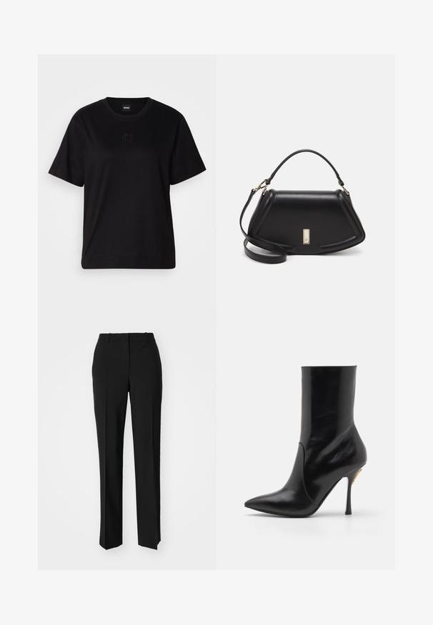 Mustmust särk, millel on ümar kaelus, lühikesed varrukad ja tindiga tikitud logo rinnal. Lihtne, mugav lõige ilma mustriteta.; Mustad ja sirged püksid, millel on sile tekstuur ja teravad voldid esiosas. Ilma nähtavate detailideta.; Must musta nilk, terava näpuga, siledast nahast ning kõrge stiletto kontsaga. Esiküljel on lõhenemine ja kuldne metallist aksessuaar.; Must mustrist käekott, millel on struktureeritud disain, lühendatud kuju, ülemine käepide ja kuldne metallist detail. Reguleeritav õlalihm on kaasas.