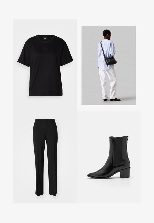 Mustmust särk, millel on ümar kaelus, lühikesed varrukad ja tindiga tikitud logo rinnal. Lihtne, mugav lõige ilma mustriteta.; Mustad ja sirged püksid, millel on sile tekstuur ja teravad voldid esiosas. Ilma nähtavate detailideta.; Calvin Klein HEEL - Kauboi/mootorratturi poolsaapad - black; Must have mustras alasi nahkpatsi, pehme tekstuuriga, kolmnurkse kujuga ja reguleeritava rihmaga, koos helesinise triibulise särgi ja valgete pükstega.