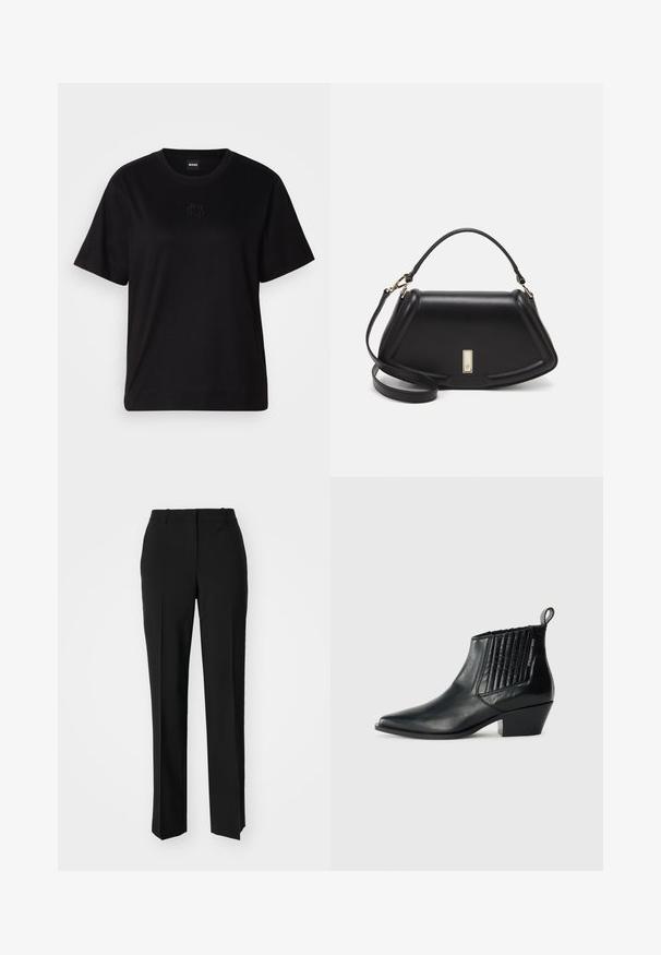Camiseta de algodón negra con cuello redondo, mangas cortas y un logo bordado en el pecho. Ajuste simple y relajado sin patrones.; Pantalones negros ajustados con un diseño de pierna recta, que presentan una textura suave y pliegues nítidos en el frente. Sin herrajes visibles.; Botín de piel negra con punta afilada, panel lateral acolchado y tacón bajo tipo bloque. Marca sutil en el lateral.; Bolso de mano de cuero negro con un diseño estructurado, que presenta una forma recortada, asa superior y acentos en dorado. Correa de hombro ajustable incluida.