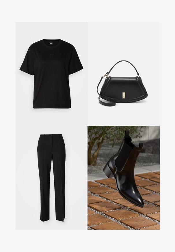 Musta puuvillapaita, jossa on pyöreä kaula-aukko, lyhyet hihat ja brodeerattu logo rinnassa. Yksinkertainen, rento istuvuus ilman kuvioita.; Mustat räätälöidyt housut suoraa lahjetta, joissa on sileä pinta ja terävät taitteet edessä. Ei näkyvää metalliosaa.; Musta nahkainen Chelsea-saapas, jossa on terävä kärki, joustavat sivupaneelit ja paksu korko, lepäilemässä kivestä ja puusta valmistetun pinnan päällä.; Mustalla nahkalaukulla, jossa on jämäkkä muotoilu, lyhyt malli, yläkahva ja kultaiset yksityiskohdat. Säädettävä olkahihna sisältyy.