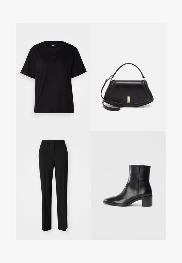 T-shirt negru din bumbac, cu guler rotund, mâneci scurte și un logo brodat pe piept. Design simplu, cu o croială relaxată și fără modele.; Pantaloni negri tailor-ed cu un design drept, având o textură fină și cute clare pe față. Fără elemente de prindere vizibile.; Bocanci negri din piele, cu varf ascutit, toc mic tip bloc si logo embosat subtil. Textura neteda, cu un design elegant si cusaturi minime.; Geantă de umăr din piele neagră, cu un design structurat, având o formă tăiată, mânere superioare și accente din aur. Include o curea de umăr ajustabilă.