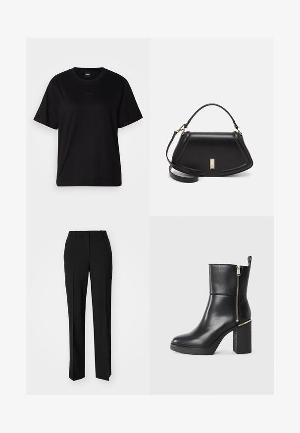 Mustmust särk, millel on ümar kaelus, lühikesed varrukad ja tindiga tikitud logo rinnal. Lihtne, mugav lõige ilma mustriteta.; Mustad ja sirged püksid, millel on sile tekstuur ja teravad voldid esiosas. Ilma nähtavate detailideta.; Mustad mustad nahast pahkluu saapad, millel on külgne tõmblukk ja tekstuuriga plokkkonts. Libisemisvastane disain, ümar toe.; Must mustrist käekott, millel on struktureeritud disain, lühendatud kuju, ülemine käepide ja kuldne metallist detail. Reguleeritav õlalihm on kaasas.