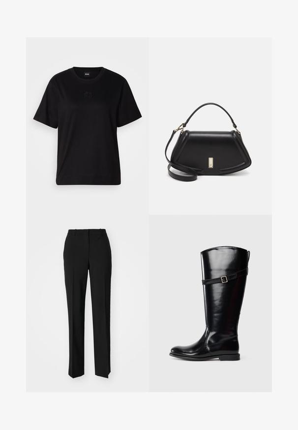 Czarny bawełniany t-shirt z okrągłym dekoltem, krótkimi rękawami i haftowanym logo na piersi. Prosty, luźny krój bez wzorów.; Czarne spodnie o dopasowanym kroju z prostymi nogawkami, o gładkiej fakturze i wyraźnych zagięciach z przodu. Bez widocznych elementów metalowych.; Wysoki czarny skórzany boot z niskim obcasem i dekoracyjnym paskiem z srebrną klamrą wokół górnej części łydki.; Czarna skórzana torebka o strukturalnym designie, z przyciętą formą, górnym uchwytem i złotymi akcentami. W zestawie regulowany pasek na ramię.