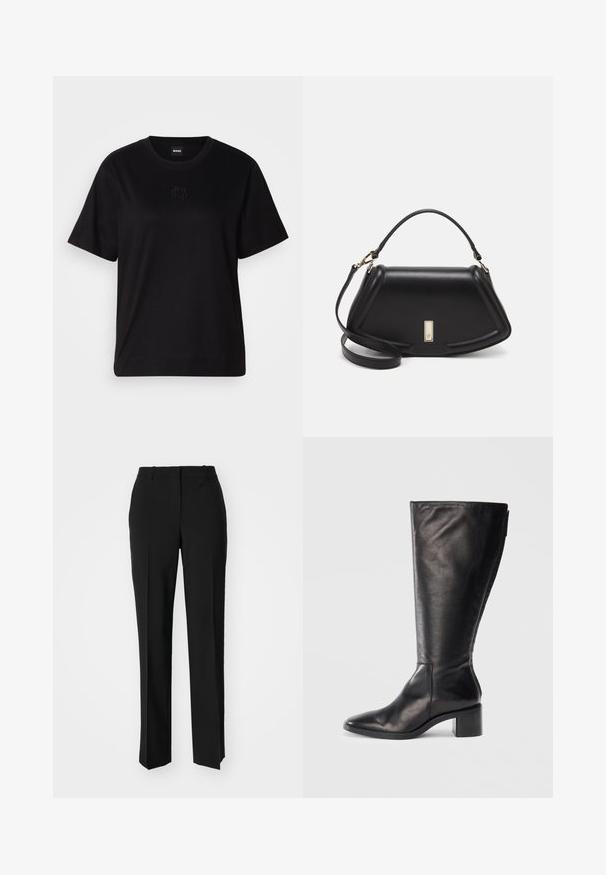 Black cotton t-shirt with a crew neckline, short sleeves, and an embroidered logo on the chest. Simple, relaxed fit with no patterns.; Black tailored trousers with a straight-leg design, featuring a smooth texture and crisp creases along the front. No visible hardware.; Black leather knee-high boot with a square toe, block heel, and sleek design. Smooth texture with a side zip for easy wear.; Black leather handbag with a structured design, featuring a cropped shape, top handle, and gold hardware accent. Adjustable shoulder strap included.