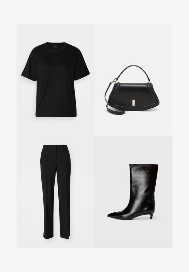 Svart bomullströja med rund halsringning, korta ärmar och en broderad logotyp på bröstet. Enkel, avslappnad passform utan mönster.; Svarta skräddarsydda byxor med rak benform, med en slät yta och skarpa veck fram. Ingen synlig hårdvara.; Släta svarta läderstövlar som når till vadbenet med spetsig tå och kort kittenklack, visade mot en enkel vit bakgrund.; Svart läderhandväska med en strukturerad design, som har en avskuren form, ett handtag upptill och guldiga detaljer. Justerbar axelrem ingår.