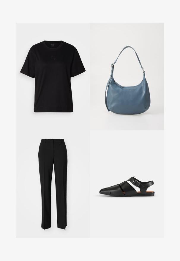 Black cotton t-shirt with a crew neckline, short sleeves, and an embroidered logo on the chest. Simple, relaxed fit with no patterns.; Black tailored trousers with a straight-leg design, featuring a smooth texture and crisp creases along the front. No visible hardware.; Black leather sandal with a pointed toe and open heel. Features wide straps with a buckle and a flat sole. Smooth texture, minimalist design.; Blue leather handbag with a rounded shape, single shoulder strap, zip closure, and embossed brand name on the front. Smooth texture.