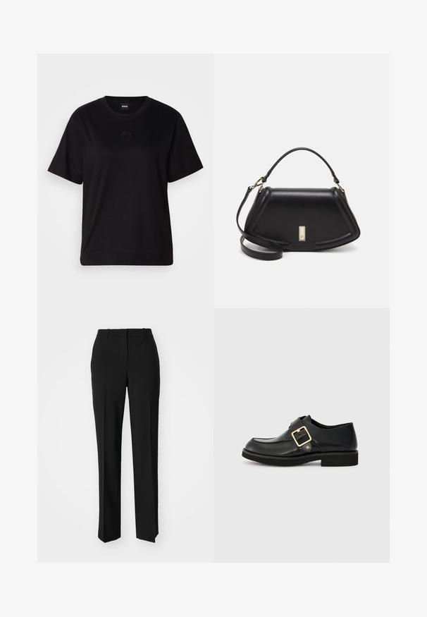 Black cotton t-shirt with a crew neckline, short sleeves, and an embroidered logo on the chest. Simple, relaxed fit with no patterns.; Black tailored trousers with a straight-leg design, featuring a smooth texture and crisp creases along the front. No visible hardware.; Black leather shoe with a rounded toe, featuring a gold buckle and a flat rubber sole. Smooth texture with subtle stitching details.; Black leather handbag with a structured design, featuring a cropped shape, top handle, and gold hardware accent. Adjustable shoulder strap included.