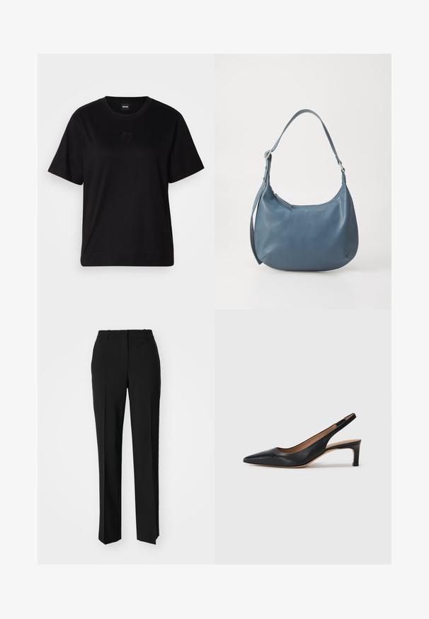 Svart bomull T-skjorte med rund hals, korte ermer og et brodert logo på brystet. Enkel, avslappet passform uten mønstre.; Sorte skreddersydde bukser med rett silhuett, med en glatt tekstur og klare pressede bretter foran. Ingen synlig maskinvare.; Svart lær slingback pumpe med spiss tå, lav hæl og en jevn tekstur. Har en tynn justerbar stropp for en sikker passform.; Blå lærveske med rund form, enkel skulderreim, glidelås-lukking og preget merkenavn på forsiden. Glatt tekstur.