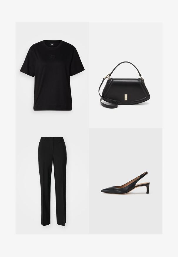 Camiseta de algodón negra con cuello redondo, mangas cortas y un logo bordado en el pecho. Ajuste simple y relajado sin patrones.; Pantalones negros ajustados con un diseño de pierna recta, que presentan una textura suave y pliegues nítidos en el frente. Sin herrajes visibles.; Zapato de tacón tipo slingback de cuero negro con punta afilada, tacón bajo y una textura suave. Cuenta con una delgada correa ajustable para un ajuste seguro.; Bolso de mano de cuero negro con un diseño estructurado, que presenta una forma recortada, asa superior y acentos en dorado. Correa de hombro ajustable incluida.