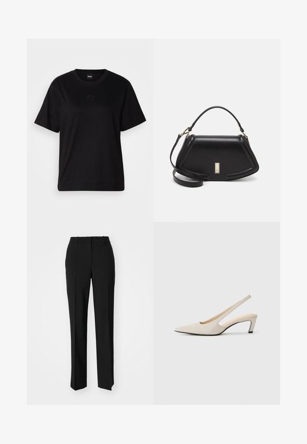 Black cotton t-shirt with a crew neckline, short sleeves, and an embroidered logo on the chest. Simple, relaxed fit with no patterns.; Black tailored trousers with a straight-leg design, featuring a smooth texture and crisp creases along the front. No visible hardware.; Pointed-toe slingback shoe in beige leather, featuring a cutout design, 5 cm block heel, and a smooth texture. Black sole accents.; Black leather handbag with a structured design, featuring a cropped shape, top handle, and gold hardware accent. Adjustable shoulder strap included.