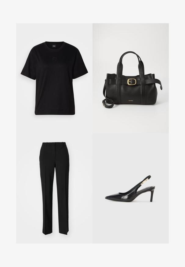 Črna bombažna majica s krožnim izrezom, kratkimi rokavi in izvezenim logotipom na prsih. Preprosta, sproščena silhueta brez vzorcev.; Črne krojene hlače s direktnim krojem, ki se ponašajo z gladko teksturo in ostrimi pregibi spredaj. Ni vidne kovine.; Črne usnjene sandale na visoki peti s koničastim nosom, gladko teksturo in ožjim gležnjarjem, ki ima zlate kovinske dodatke.; Črna usnjena torba s strukturirano zasnovo, dvojni zgornji ročaji, zlato-tonirni zaponka kot dodatek in vtisnjeni logotip blagovne znamke spredaj.