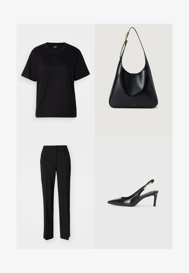 Černé bavlněné tričko s kulatým výstřihem, krátkými rukávy a vyšitým logem na hrudi. Jednoduchý, volný střih bez vzorů.; Černé kalhoty na míru se střihem do rovna, které mají hladkou texturu a ostré sklady na přední straně. Bez viditelného kování.; Černý kožený sandál na vysokém podpatku s špičatou špičkou, hladkou texturou a úzkým páskem na kotníku s zlatými kovovými detaily.; Černá kožená kabelka přes rameno se hladkým povrchem, zakřiveným siluetou a zlatým kováním. Na spodní straně je vyražené logo značky.