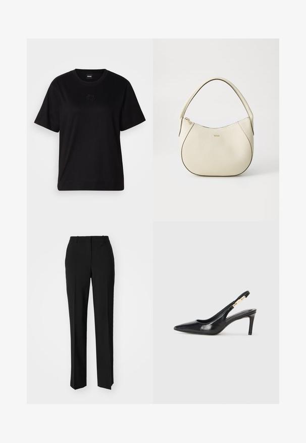 Melna kokvilnas T-krekls ar apaļu izgriezumu, īsām piedurknēm un izšūtu logotipu uz krūtīm. Vienkāršs, brīvs piegriezums bez rakstiem.; Melnas pielāgotas bikses ar taisnu kāju dizainu, kas raksturojas ar gludu faktūru un asiem krokām pa priekšu. Nav redzamu metāla detaļu.; Melna ādas augstpapēžu kurpe ar smailu purngalu, gludu tekstūru un šauru potītes siksnu ar zelta daļām.; Krēmkrāsas rokassoma ar teksturētu virsmu, izliekta forma, īss rokturis un zelta tonī logo detaļa. Vāciņš ar rāvējslēdzēju augšpusē.