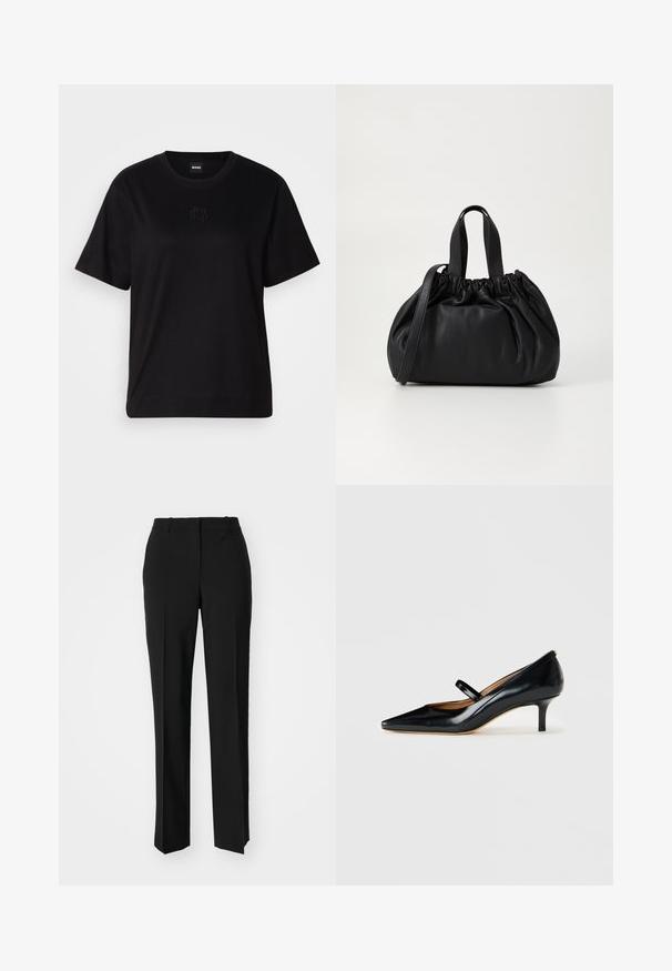 Melna kokvilnas T-krekls ar apaļu izgriezumu, īsām piedurknēm un izšūtu logotipu uz krūtīm. Vienkāršs, brīvs piegriezums bez rakstiem.; Melnas pielāgotas bikses ar taisnu kāju dizainu, kas raksturojas ar gludu faktūru un asiem krokām pa priekšu. Nav redzamu metāla detaļu.; Melnas lakotās ādas Mary Jane kurpes ar norādīto pirkstu un zemu kaķīša papēdi, izliktas uz balta fona.; Melnas ādas rokassomu ar savākta augšdaļa dizainu, kas aprīkota ar divām īsām rokturiem un garu regulējamu siksnu. Gluda tekstūra, noapaļota forma.