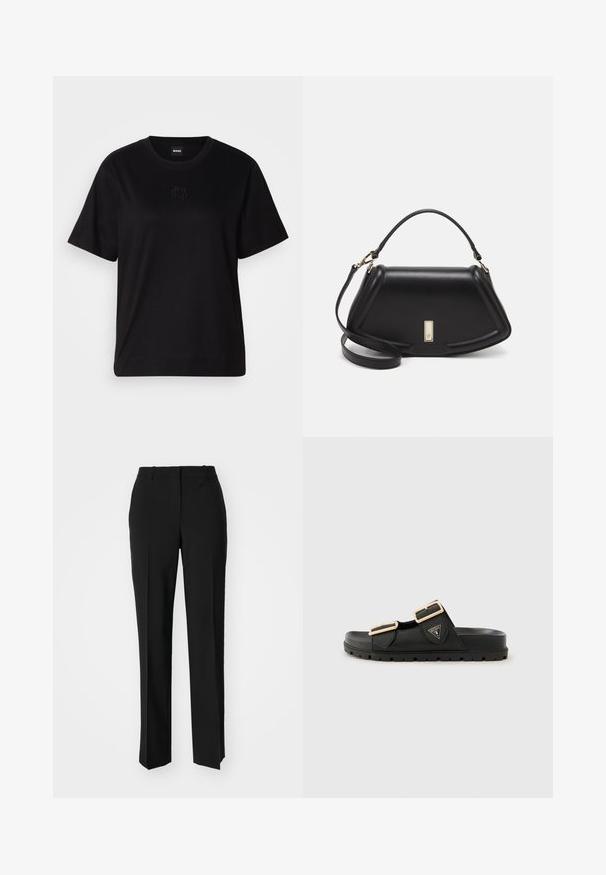 T-shirt en coton noir avec un col rond, des manches courtes et un logo brodé sur la poitrine. Coupe simple et décontractée sans motifs.; Pantalon noir ajusté avec une coupe droite, présentant une texture lisse et des plis nets sur le devant. Aucune quincaillerie visible.; Sandales noires à glissière avec deux brides ajustables, boucles en ton doré, tige en caoutchouc texturé et semelle épaisse et texturée. Logo affiché sur le côté.; Sac à main en cuir noir avec un design structuré, featuring une forme cropped, une poignée supérieure et des accents en matériel doré. Bandoulière réglable incluse.