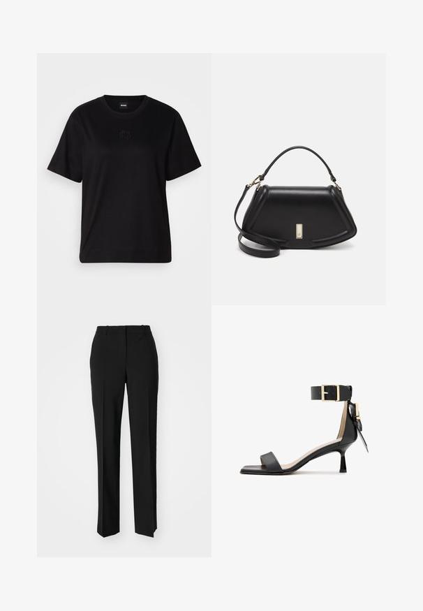 Schwarzes Baumwoll-T-Shirt mit Rundhalsausschnitt, kurzen Ärmeln und aufgesticktem Logo auf der Brust. Einfacher, lässiger Schnitt ohne Muster.; Schwarze, taillierte Hose mit geradem Bein, aus einem glatten Stoff und mit klaren Falten an der Vorderseite. Keine sichtbare Hardware.; Schwarze, lederne, hochhackige Sandalen mit einem quadratischen Zehenbereich, einem Knöchelriemen mit einer goldenen Schnalle und einem schmalen Absatz. Glatte Textur, minimalistisches Design.; Schwarze Lederhandtasche mit einem strukturierten Design, das eine verkürzte Form, einen oberen Griff und goldfarbene Hardware-Details aufweist. Verstellbarer Schulterriemen ist enthalten.