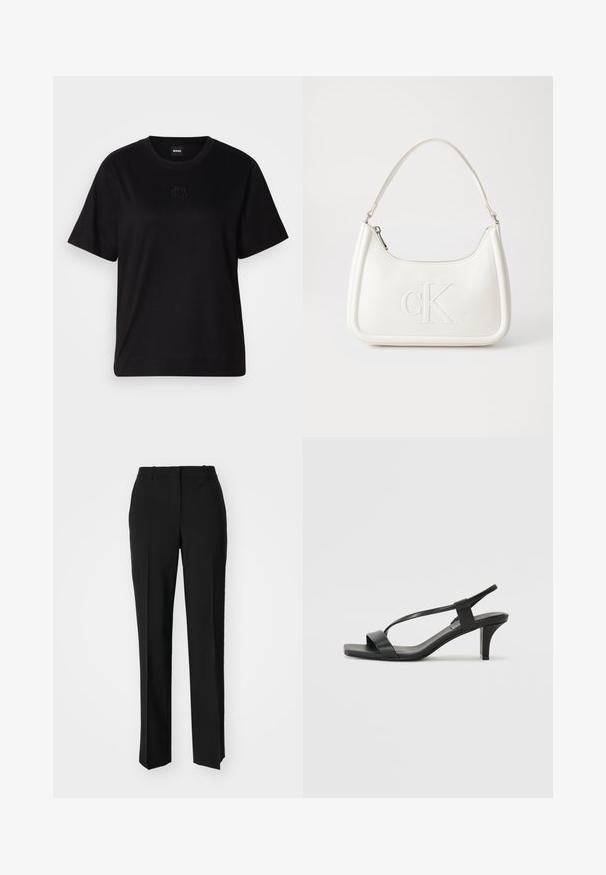 T-shirt negru din bumbac, cu guler rotund, mâneci scurte și un logo brodat pe piept. Design simplu, cu o croială relaxată și fără modele.; Pantaloni negri tailor-ed cu un design drept, având o textură fină și cute clare pe față. Fără elemente de prindere vizibile.; Sandale negre cu toc înalt, cu un design cu curea subțire, vârf pătrat și toc bloc de înălțime medie. Fabricate din piele netedă cu o finisare mată.; Geantă de umăr din piele albă cu formă curbată, având un logo "CK" embosat pe partea din față și un singur braț de umăr. Închidere cu fermoar în partea de sus.