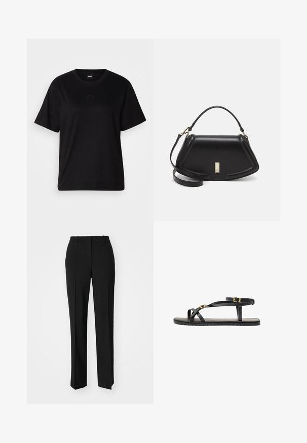 Mustmust särk, millel on ümar kaelus, lühikesed varrukad ja tindiga tikitud logo rinnal. Lihtne, mugav lõige ilma mustriteta.; Mustad ja sirged püksid, millel on sile tekstuur ja teravad voldid esiosas. Ilma nähtavate detailideta.; Mustad musta nahast sandaalid õhukeste rihmade ja lukustatava pahkluu rihmaga. Tasane sole tekstureeritud viimistluse ja zikk-zakk servaga. Minimalistlik disain.; Must mustrist käekott, millel on struktureeritud disain, lühendatud kuju, ülemine käepide ja kuldne metallist detail. Reguleeritav õlalihm on kaasas.