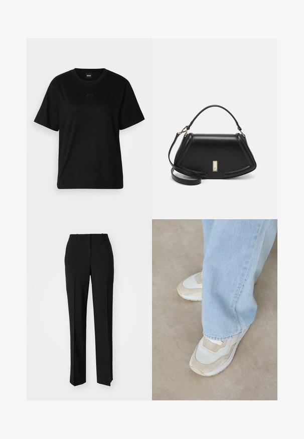 Čierne bavlnené tričko s okrúhlym výstrihom, krátkymi rukávmi a vyšívaným logom na hrudi. Jednoduchý, voľný strih bez vzorov.; Čierne krajčírské nohavice so strihom rovného nohu, s hladkou textúrou a ostrými skladmi pozdĺž prednej časti. Žiadne viditeľné hardvér.; Béžové a biele tenisky kombinujúce sieťovinový a semišový materiál, okrúhly špička a gumová podrážka, v kombinácii so svetlomodrými džínsy.; Čierna kožená kabelka so štruktúrovaným dizajnom, s krátkym tvarom, hornou rúčkou a zlatými prvkami. Súčasťou je nastaviteľný ramenný popruh.