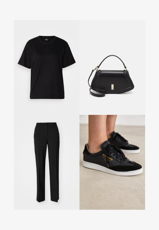 Black cotton t-shirt with a crew neckline, short sleeves, and an embroidered logo on the chest. Simple, relaxed fit with no patterns.; Black tailored trousers with a straight-leg design, featuring a smooth texture and crisp creases along the front. No visible hardware.; Black leather and suede sneakers with white rubber soles. Features tonal laces and gold logo detailing on the side. Flat design.; Black leather handbag with a structured design, featuring a cropped shape, top handle, and gold hardware accent. Adjustable shoulder strap included.