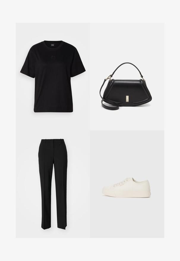 Schwarzes Baumwoll-T-Shirt mit Rundhalsausschnitt, kurzen Ärmeln und aufgesticktem Logo auf der Brust. Einfacher, lässiger Schnitt ohne Muster.; Schwarze, taillierte Hose mit geradem Bein, aus einem glatten Stoff und mit klaren Falten an der Vorderseite. Keine sichtbare Hardware.; Sneaker aus off-weißem Canvas, mit einem Low-Top-Design, runder Zehenpartie und flacher Gummisohle mit dezenten Nähdetails.; Schwarze Lederhandtasche mit einem strukturierten Design, das eine verkürzte Form, einen oberen Griff und goldfarbene Hardware-Details aufweist. Verstellbarer Schulterriemen ist enthalten.