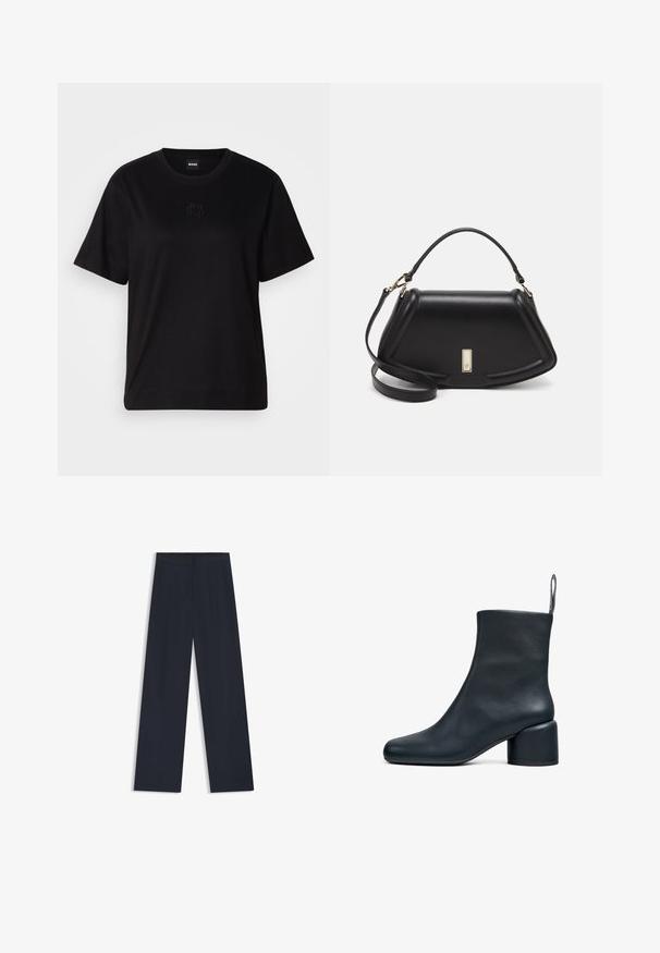 T-shirt en coton noir avec un col rond, des manches courtes et un logo brodé sur la poitrine. Coupe simple et décontractée sans motifs.; Pantalons larges bleu marine avec une taille élastique, deux poches latérales et une texture tissée lisse. Aucun motif visible ni détail de matériel.; Camper NIKI - Bottines - dunkelgrün; Sac à main en cuir noir avec un design structuré, featuring une forme cropped, une poignée supérieure et des accents en matériel doré. Bandoulière réglable incluse.