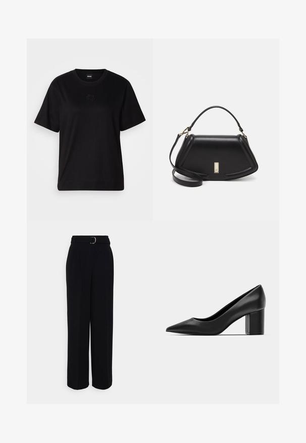 Black cotton t-shirt with a crew neckline, short sleeves, and an embroidered logo on the chest. Simple, relaxed fit with no patterns.; Black tailored pants with a wide-leg silhouette, featuring a belt with a silver buckle, pleats, and a smooth fabric texture.; Black leather pump with a pointed toe and a chunky square heel. Smooth texture, simple design, suitable for formal settings.; Black leather handbag with a structured design, featuring a cropped shape, top handle, and gold hardware accent. Adjustable shoulder strap included.