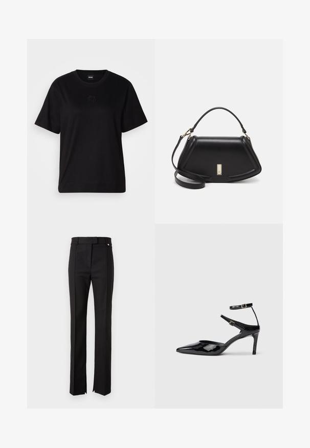 Black cotton t-shirt with a crew neckline, short sleeves, and an embroidered logo on the chest. Simple, relaxed fit with no patterns.; Black tailored trousers with a straight leg design, featuring a waistband with a button closure and side slits at the hem.; Black patent leather heels with a pointed toe, adjustable ankle straps, and a slender heel. Smooth texture with a shiny finish.; Black leather handbag with a structured design, featuring a cropped shape, top handle, and gold hardware accent. Adjustable shoulder strap included.