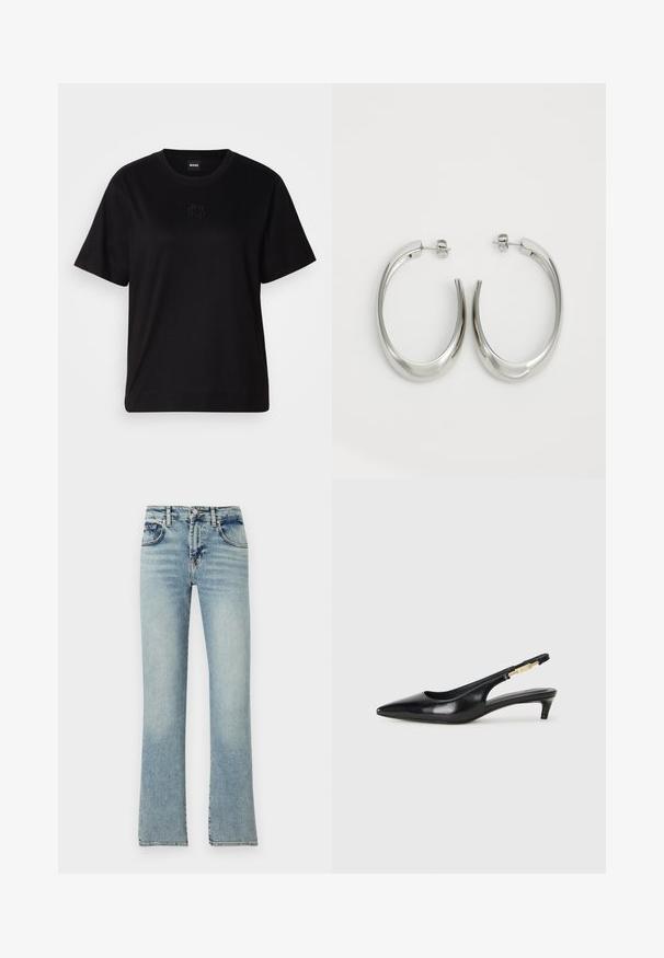 Črna bombažna majica s krožnim izrezom, kratkimi rokavi in izvezenim logotipom na prsih. Preprosta, sproščena silhueta brez vzorcev.; Svijetloplave traperice s krojem u obliku zvona, s pet džepova, ušicama za remen i izbljeđenim završetkom.; Črne usnjene sandale na peto z ostro konico, ki imajo tanko peto in zlat ton na nastavljivem traku. Gladka tekstura.; Srebrni uhani v obliki obroča z gladkim, ukrivljenim oblikovanjem. Imajo sijajno kovinsko površino in zapiranje na žebljiček. Brez vidnih vzorcev ali dodatkov.