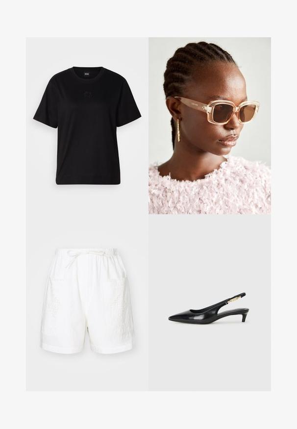 Μαύρο βαμβακερό μπλουζάκι με στρογγυλή λαιμόκοψη, κοντά μανίκια και κεντημένο λογότυπο στο στήθος. Απλή, χαλαρή γραμμή χωρίς σχέδια.; Λευκά βαμβακερά σορτς με ελαστική μέση, κορδόνι ρύθμισης και δύο μπροστινές τσέπες που έχουν πολύπλοκα κεντήματα.; Μαύρες δερμάτινες γόβες slingback με μυτερή μύτη, διαθέτοντας λεπτό τακούνι και χρυσή λεπτομέρεια στην ρυθμιζόμενη λωρίδα. Λείος υφές.; Μπεζ υπερμεγέθη γυαλιά ηλίου με διαφανές σκελετό και καφέ τόνους φακών, με διακριτές φλοράλ λεπτομέρειες και τολμηρό γεωμετρικό σχέδιο.