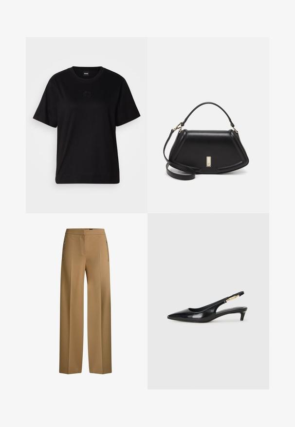 Svart bomullströja med rund halsringning, korta ärmar och en broderad logotyp på bröstet. Enkel, avslappnad passform utan mönster.; Bruna vida byxor med slät front, dubbla dragkedjefickor och en mjuk tygstruktur. Har rena linjer och en skräddarsydd silhuett.; Svart läder slingback-hälar med spetsig tå, med en smal klack och en guldtonad detalj på den justerbara remmen. Slät textur.; Svart läderhandväska med en strukturerad design, som har en avskuren form, ett handtag upptill och guldiga detaljer. Justerbar axelrem ingår.