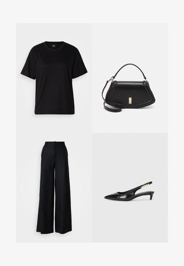 Melna kokvilnas T-krekls ar apaļu izgriezumu, īsām piedurknēm un izšūtu logotipu uz krūtīm. Vienkāršs, brīvs piegriezums bez rakstiem.; Plati melni bikses, izgatavotas no mīksta auduma. Tiem ir vidēja augstuma josta, priekšējās krokas un smalki šuvju detaļas. Redzamas kabatas nav.; Melnas ādas slingback zābaki ar smailu purngalu, ar šauru papēdi un zelta krāsas akcentu uz regulējama siksniņas. Gluda tekstūra.; Melnas ādas roku soma ar struktūru, ar īsu formu, augšējo rokturi un zelta aksesuāriem. Iekļauta regulējama plecu siksna.