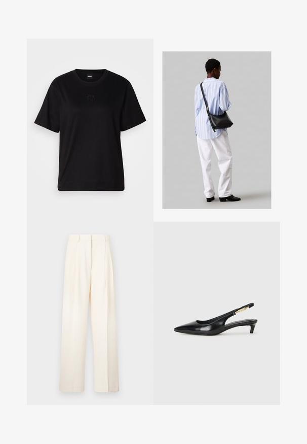 Czarny bawełniany t-shirt z okrągłym dekoltem, krótkimi rękawami i haftowanym logo na piersi. Prosty, luźny krój bez wzorów.; Spodnie o szerokich nogawkach w kolorze kremowym, wykonane z gładkiego materiału. Charakteryzują się dopasowanym krojem z plisami z przodu oraz prostym fasonem.; Czarne skórzane szpilki typu slingback z ostrym noskiem, posiadające smukły obcas i złoty akcent na regulowanym pasku. Gładka tekstura.; Czarna skórzana torba na ramię o miękkiej fakturze, w kształcie trójkąta, z regulowanym paskiem, połączona z jasnoniebieską koszulą w paski i białymi spodniami.