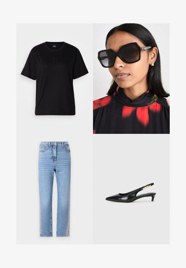 Crna pamučna majica s okruglim izrezom, kratkim rukavima i izvezenim logotipom na prsima. Jednostavan, opušten kroj bez uzorka.; Svijetloplave traperice ravnog kroja, sa zatvaranjem na dugme i patentni zatvarač, pet džepova i izblijedjelom teksturom na nogama.; Crne kožne sandale s petom, s izduženim vrhom, imaju usku petu i zlatni akcent na podesivoj traci. Glatka tekstura.; Crne oversized sunčane naočale s geometrijskim okvirom, tamno zatamnjenim staklima i zlatnim akcentima, uparene s bluzom s cvjetnim uzorkom i visokim ovratnikom.