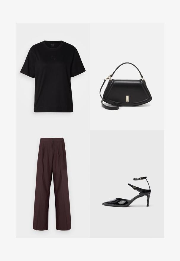 Sort bomulds t-shirt med rund halsudskæring, korte ærmer og et broderet logo på brystet. Enkel, afslappet pasform uden mønstre.; Bredde bukser i mørk burgunder stof. Har en glat linning og frynsede detaljer foran. Glat tekstur med en skræddersyet design.; Sorte laklæderhæle med spids tå, justerbare ankelstropper og en slank hæl. Glat tekstur med en skinnende finish.; Sort læderhåndtaske med en struktureret design, der har en kortet form, tophåndtag og guld hardware-accenter. Justerbar skulderrem inkluderet.