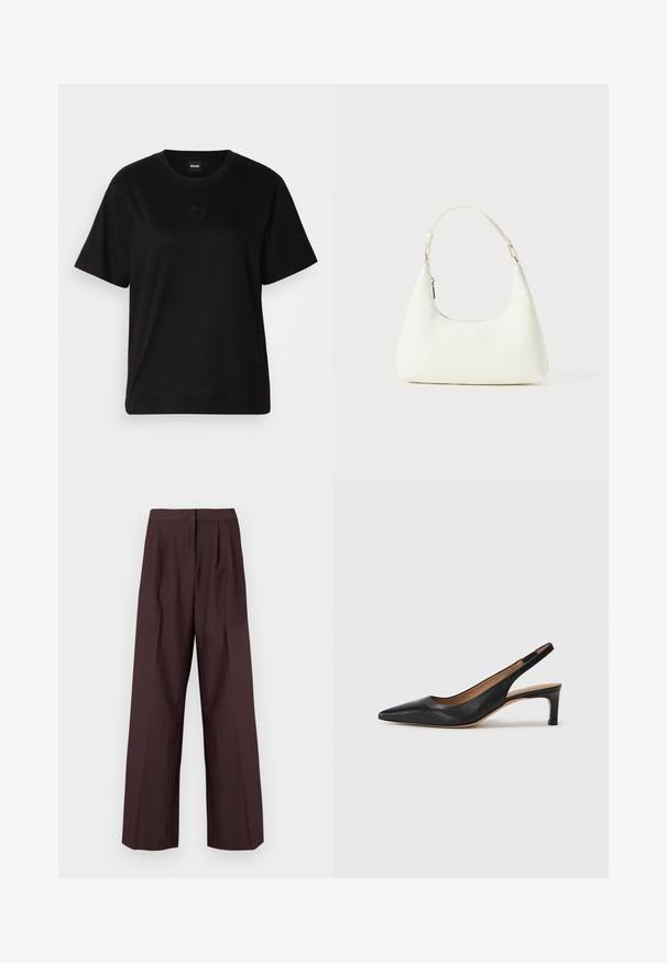 Svart bomull T-skjorte med rund hals, korte ermer og et brodert logo på brystet. Enkel, avslappet passform uten mønstre.; Bredde ben bukser i mørk burgunder stoff. Har en flat linning og frontfolder. Glatt tekstur med en skreddersydd design.; Svart lær slingback pumpe med spiss tå, lav hæl og en jevn tekstur. Har en tynn justerbar stropp for en sikker passform.; Liten hvit skulderveske med en justerbar stropp og glidelås, satt mot en enkel hvit bakgrunn.