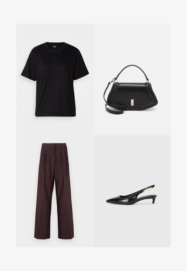 Čierne bavlnené tričko s okrúhlym výstrihom, krátkymi rukávmi a vyšívaným logom na hrudi. Jednoduchý, voľný strih bez vzorov.; Široké nohavice z tmavoburgundskej látky. Majú plochý pás a predné záhyby. Hladká textura s upraveným dizajnom.; Čierne kožené slingback opätky s špicatou špičkou, s úzkym opätkom a zlatým detailom na nastaviteľnom remienku. Hladká textúra.; Čierna kožená kabelka so štruktúrovaným dizajnom, s krátkym tvarom, hornou rúčkou a zlatými prvkami. Súčasťou je nastaviteľný ramenný popruh.