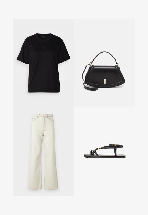 Black cotton t-shirt with a crew neckline, short sleeves, and an embroidered logo on the chest. Simple, relaxed fit with no patterns.; High-waisted beige denim jeans with wide legs, featuring light stitching and a front zipper closure. No pockets visible.; Black leather sandals with thin straps and a buckled ankle strap. Flat sole with a textured finish and zigzag edge. Minimalist design.; Black leather handbag with a structured design, featuring a cropped shape, top handle, and gold hardware accent. Adjustable shoulder strap included.