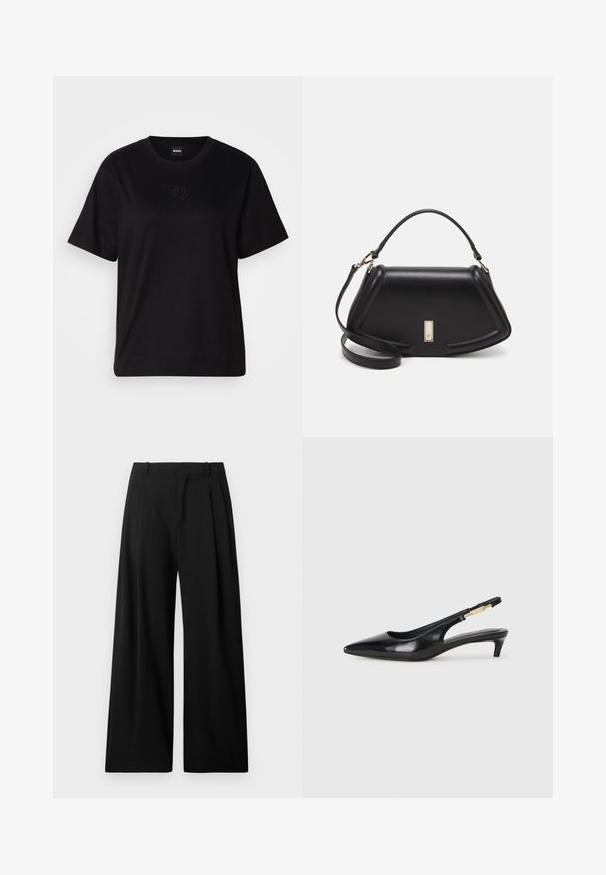 Črna bombažna majica s krožnim izrezom, kratkimi rokavi in izvezenim logotipom na prsih. Preprosta, sproščena silhueta brez vzorcev.; Široke črne hlače iz gladkega materiala. Imajo ploščate gube na sprednji strani in en sam pas z zankami za pas. Brez vidnih žepov.; Črne usnjene sandale na peto z ostro konico, ki imajo tanko peto in zlat ton na nastavljivem traku. Gladka tekstura.; Črna usnjena torbica s strukturnim dizajnom, ki ima skrajšano obliko, zgornji ročaj in zlate dodatke. Vključena je nastavljiva ramenska naramnica.