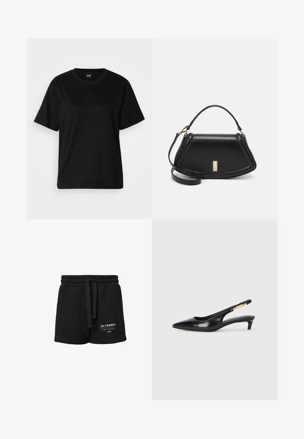 Czarny bawełniany t-shirt z okrągłym dekoltem, krótkimi rękawami i haftowanym logo na piersi. Prosty, luźny krój bez wzorów.; Czarne bawełniane szorty z elastycznym pasem, sznurkiem do regulacji, białym logo oraz zatrzaskami po bokach. Gładka tekstura, casualowy design.; Czarne skórzane szpilki typu slingback z ostrym noskiem, posiadające smukły obcas i złoty akcent na regulowanym pasku. Gładka tekstura.; Czarna skórzana torebka o strukturalnym designie, z przyciętą formą, górnym uchwytem i złotymi akcentami. W zestawie regulowany pasek na ramię.
