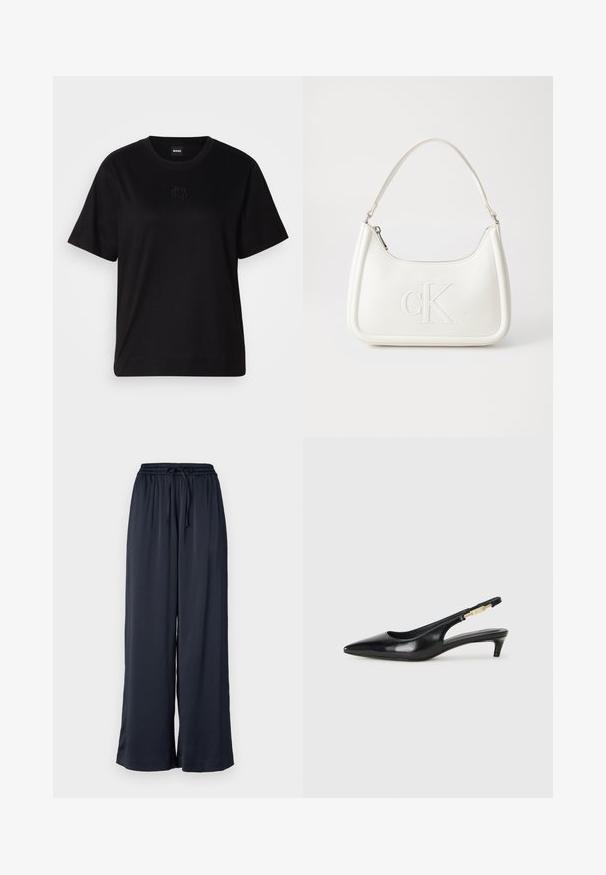 Fekete pamut póló kerek nyakkivágással, rövid ujjakkal és hímzett logóval a mellkasán. Egyszerű, laza szabás, minta nélkül.; Samsøe Samsøe SAHELENA - Nadrágok - salute; Fekete bőr slingback magassarkúk, hegyes orral, vékony sarkakkal és arany színű részlettel a állítható pánton. Simа felület.; Fehér bőrtáska ívelt formájú, elöl feltűnő "CK" logóval, egyetlen vállpánttal. Cipzáras zárás a tetején.
