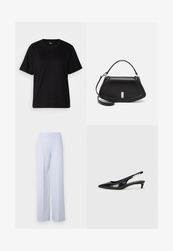 Black cotton t-shirt with a crew neckline, short sleeves, and an embroidered logo on the chest. Simple, relaxed fit with no patterns.; Light blue wide-leg pants made of soft fabric, featuring a high waistband and front pleats for added structure.; Black leather slingback heels with a pointed toe, featuring a slim heel and a gold-tone accent on the adjustable strap. Smooth texture.; Black leather handbag with a structured design, featuring a cropped shape, top handle, and gold hardware accent. Adjustable shoulder strap included.