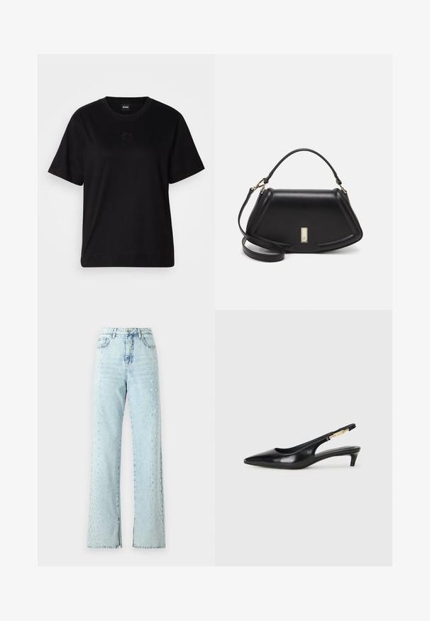 Svart bomullströja med rund halsringning, korta ärmar och en broderad logotyp på bröstet. Enkel, avslappnad passform utan mönster.; Ljusblå denimjeans med bred bendesign, prydda med ett spritt strassmönster längs sidorna och en lätt fransning vid fållen.; Svart läder slingback-hälar med spetsig tå, med en smal klack och en guldtonad detalj på den justerbara remmen. Slät textur.; Svart läderhandväska med en strukturerad design, som har en avskuren form, ett handtag upptill och guldiga detaljer. Justerbar axelrem ingår.