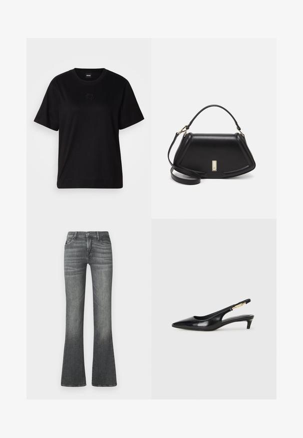 Camiseta de algodón negra con cuello redondo, mangas cortas y un logo bordado en el pecho. Ajuste simple y relajado sin patrones.; Jeans acampanados grises de denim, con una cinturilla de altura media, un desvanecimiento sutil y un diseño clásico de cinco bolsillos.; Tacones negros de piel sintética tipo slingback con punta afilada, que cuentan con un tacón delgado y un detalle en tono dorado en la correa ajustable. Textura suave.; Bolso de mano de cuero negro con un diseño estructurado, que presenta una forma recortada, asa superior y acentos en dorado. Correa de hombro ajustable incluida.
