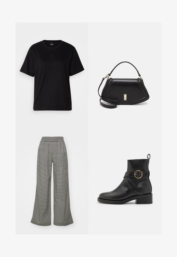 T-shirt en coton noir avec un col rond, des manches courtes et un logo brodé sur la poitrine. Coupe simple et décontractée sans motifs.; Mads Nørgaard COLIN SONIE PANTS - Pantalon classique - black; BOSS IRYNA BOOTIE - Bottines à plateau - black; Sac à main en cuir noir avec un design structuré, featuring une forme cropped, une poignée supérieure et des accents en matériel doré. Bandoulière réglable incluse.